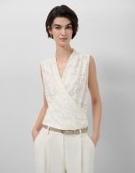 White devor&eacute; knit crossover sleeveless T-shirt