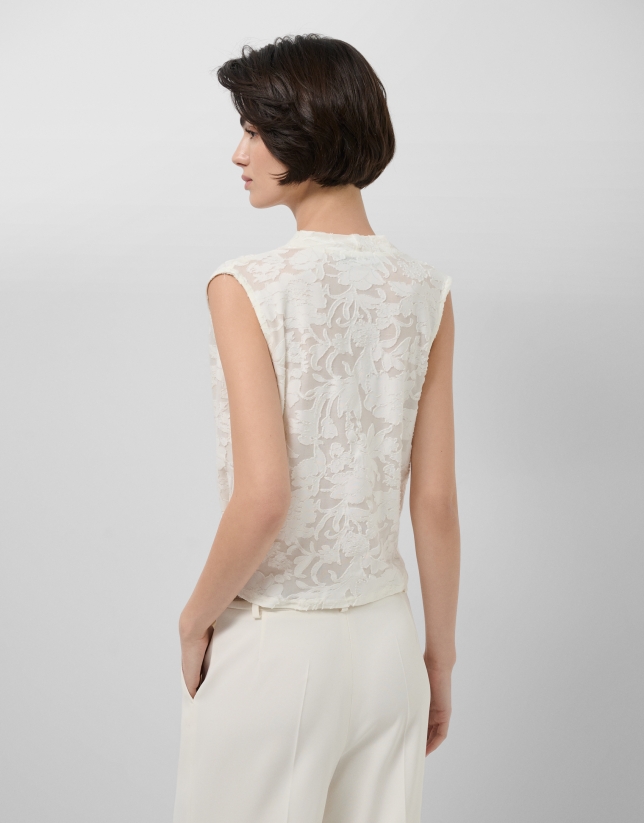 White devor&eacute; knit crossover sleeveless T-shirt