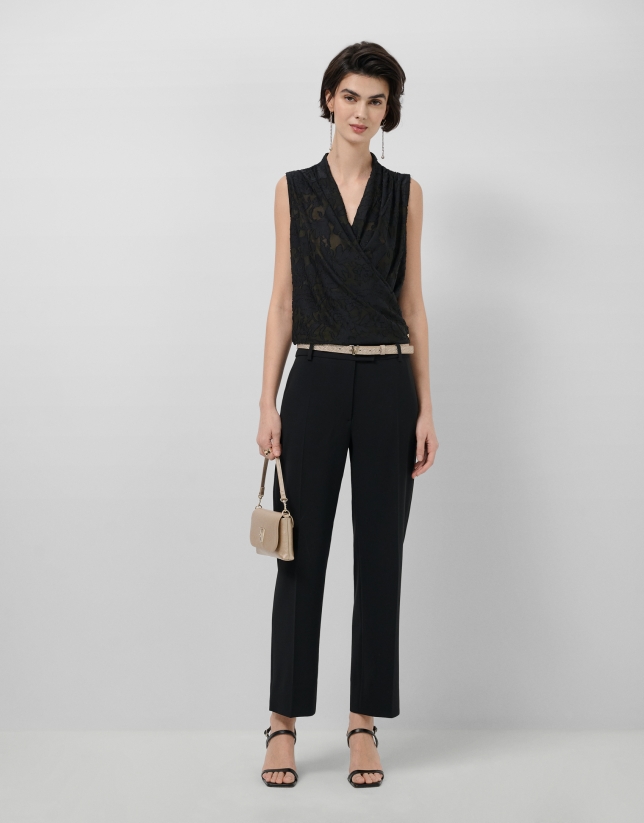 Black devor&eacute; knit crossover sleeveless T-shirt