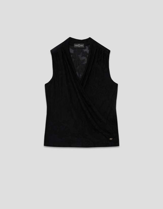Camiseta cruzada sin mangas en punto devor&eacute; negro