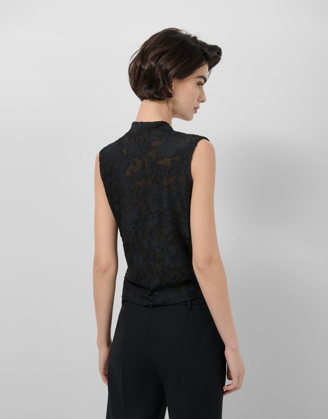 Black devor&eacute; knit crossover sleeveless T-shirt