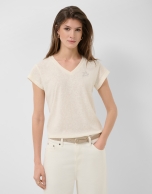 Camiseta cuello pico punto algod&oacute;n ligero blanco