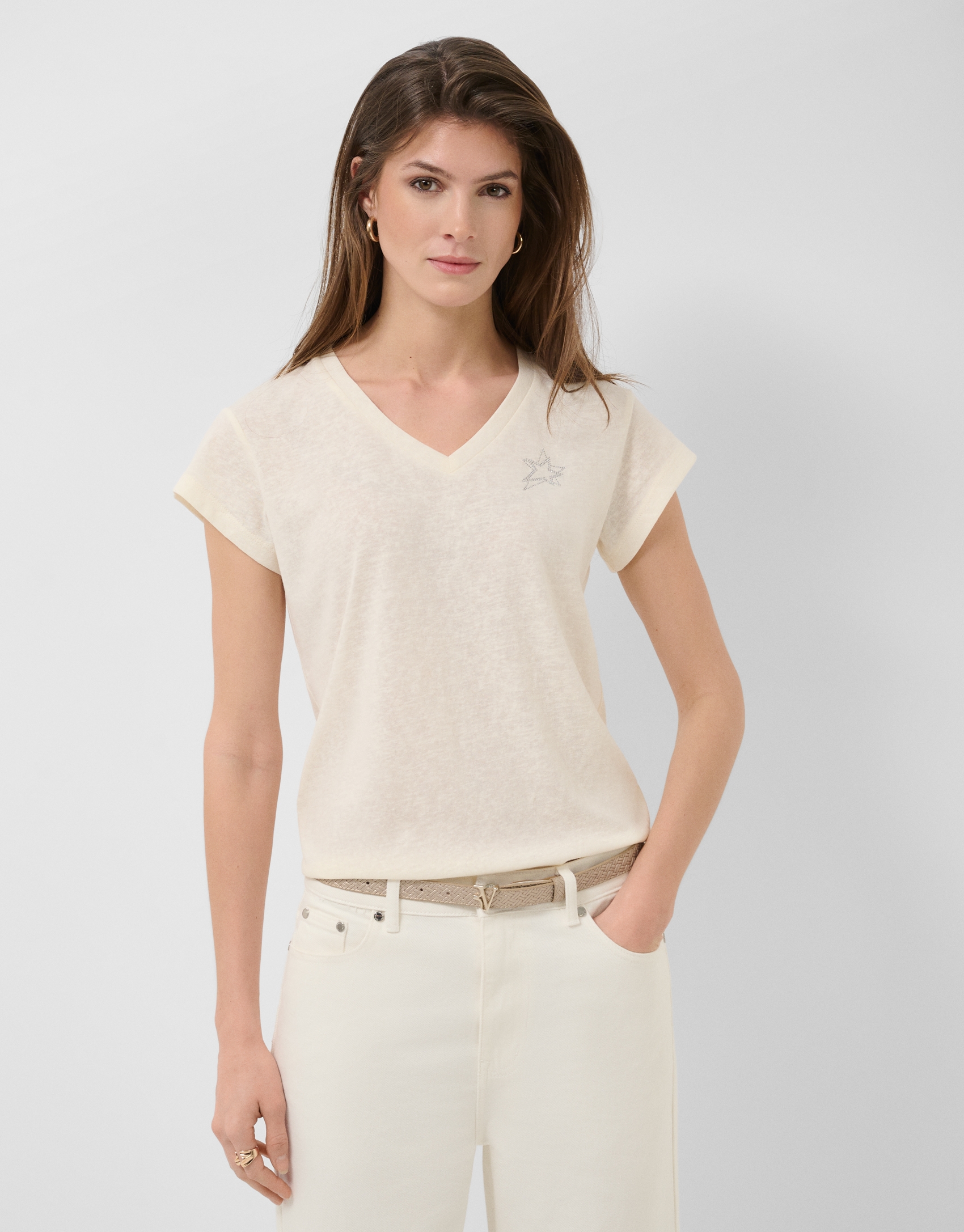 Camiseta cuello pico punto algod&oacute;n ligero blanco