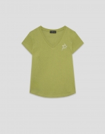 Camiseta cuello pico punto algod&oacute;n ligero verde