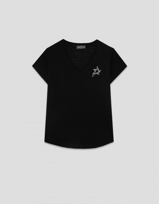 Lightweight cotton V-neck T-shirt in black