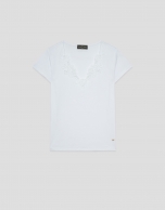 White short-sleeved T-shirt with embroidered neckline