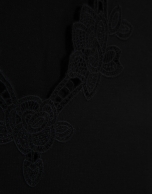 Black short-sleeved T-shirt with embroidered neckline