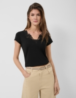 Black short-sleeved T-shirt with embroidered neckline