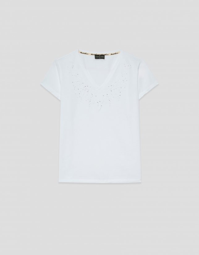 Camiseta manga corta blanca bordado escote