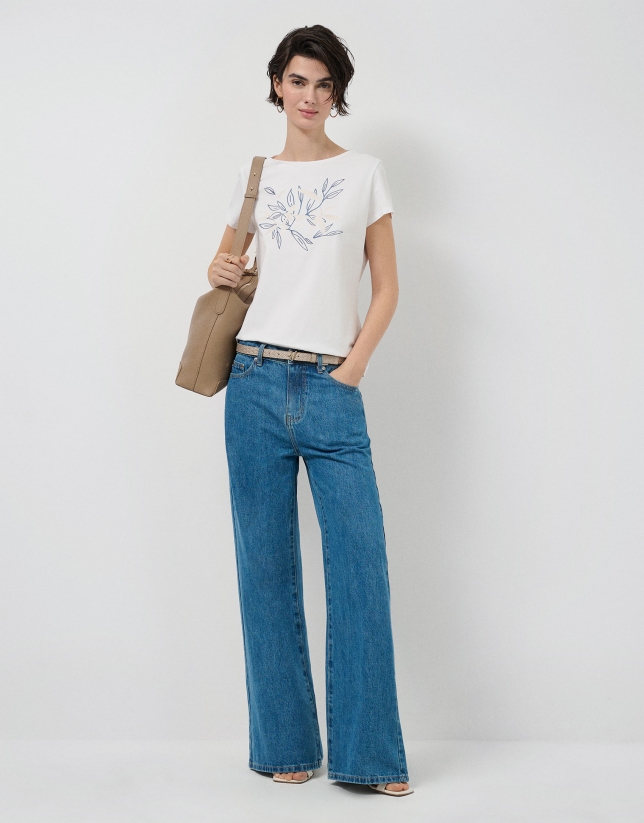 Camiseta manga corta blanca bordado vegetal delantero