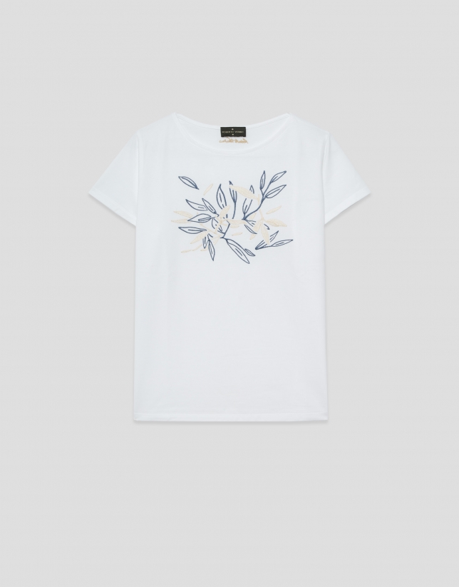 Camiseta manga corta blanca bordado vegetal delantero