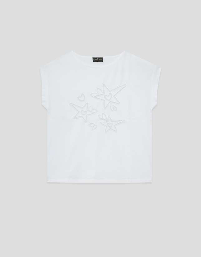 Oversized white sleeveless T-shirt with stars and leaves