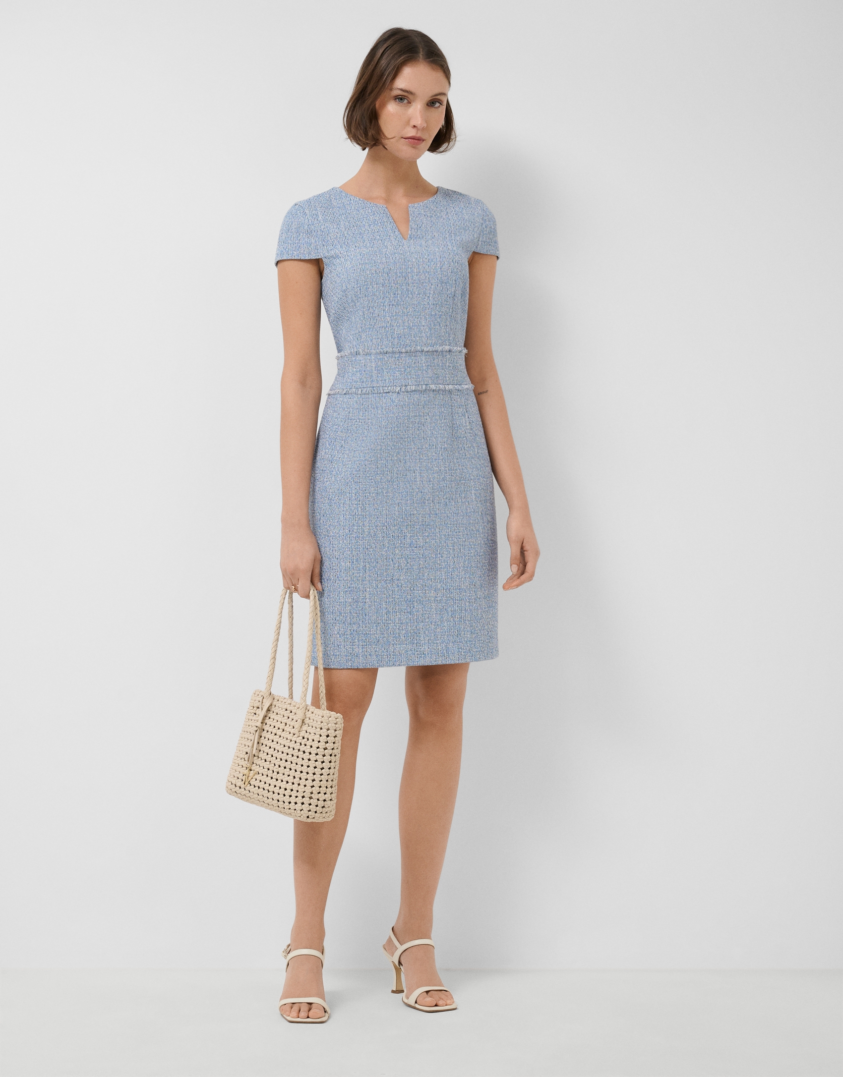 Vestido recto manga corta tweed tonos azules