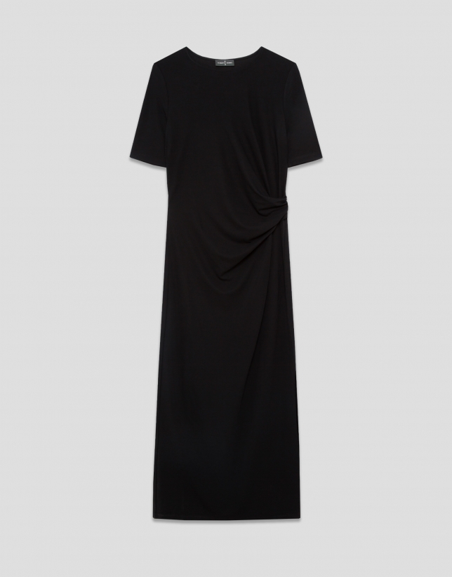 Vestido fruncido manga corta punto negro