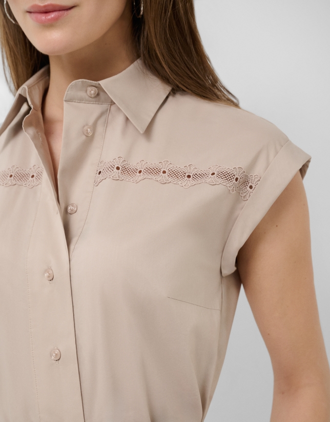 Camel shirt midi dress with lace straps