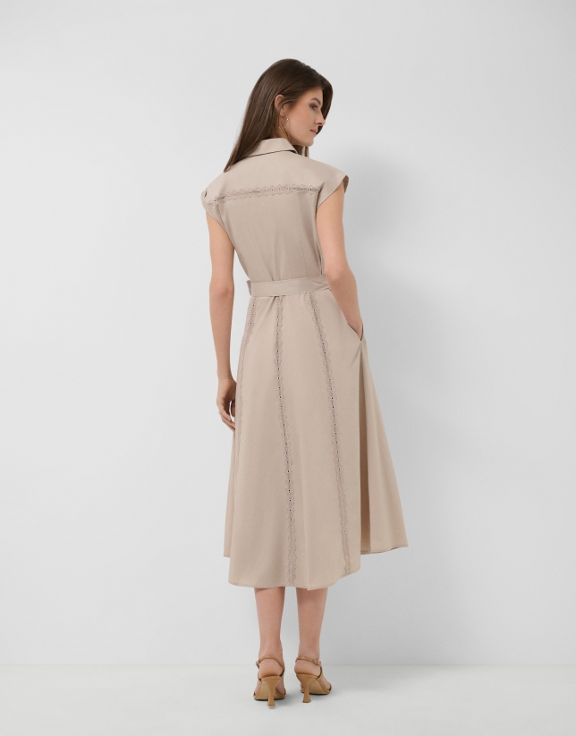 Camel shirt midi dress with lace straps