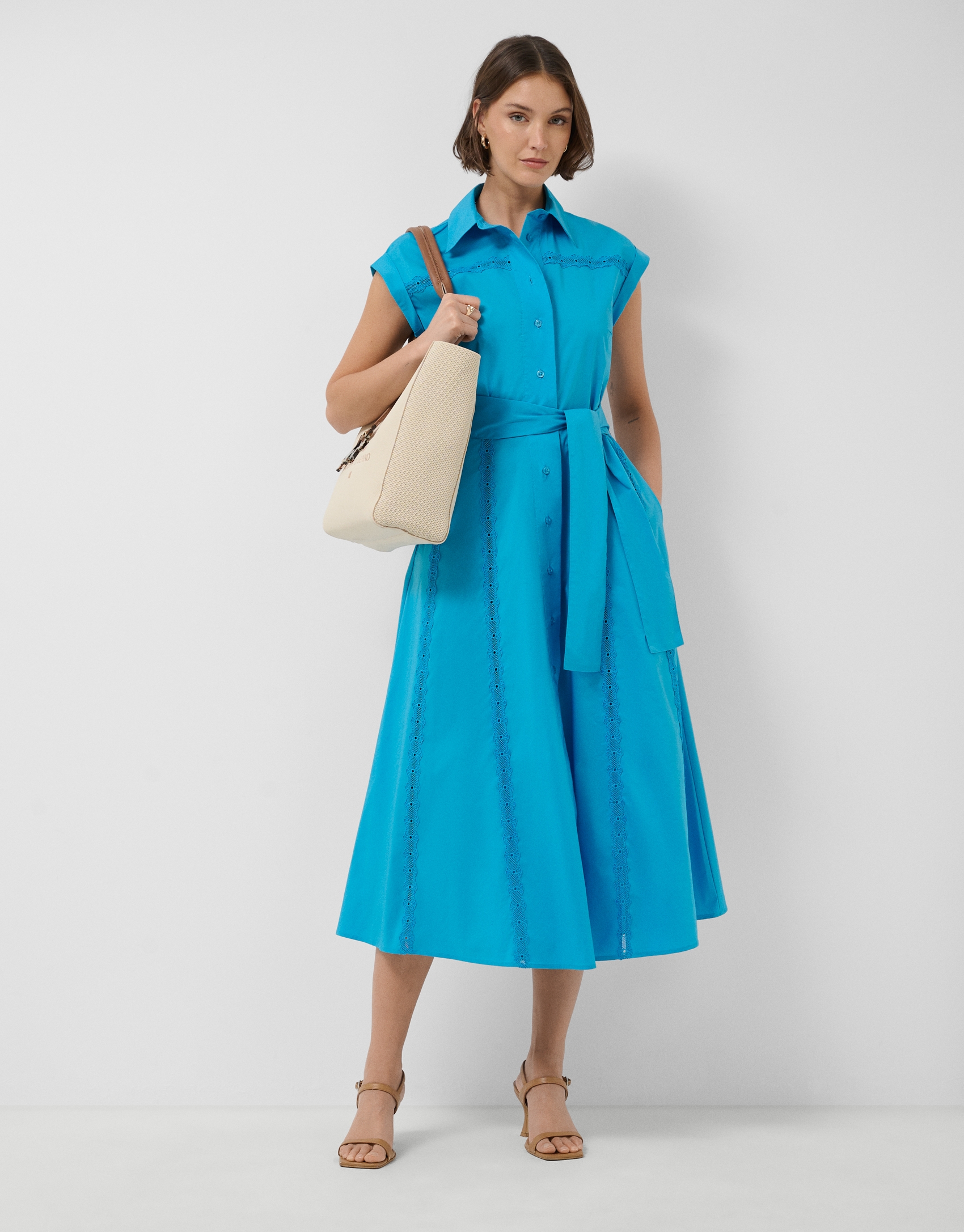 Blue shirt midi dress with lace trim