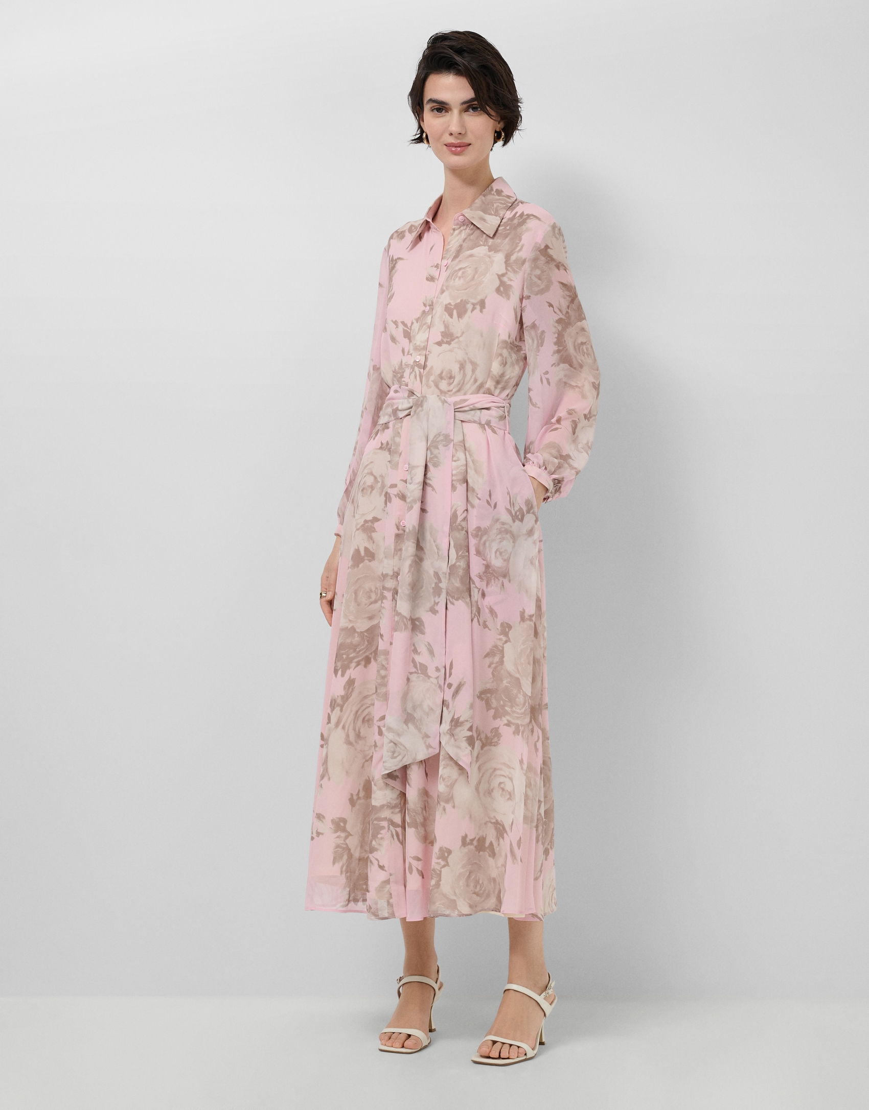 Long pink floral print chiffon shirt dress