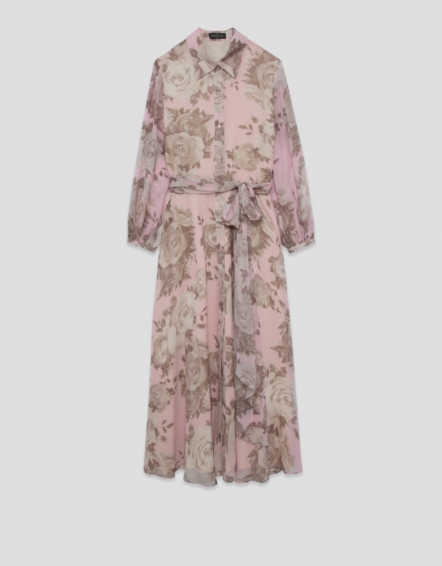 Long pink floral print chiffon shirt dress