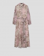 Long pink floral print chiffon shirt dress