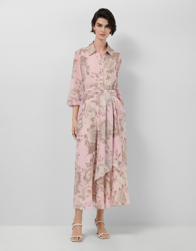 Long pink floral print chiffon shirt dress