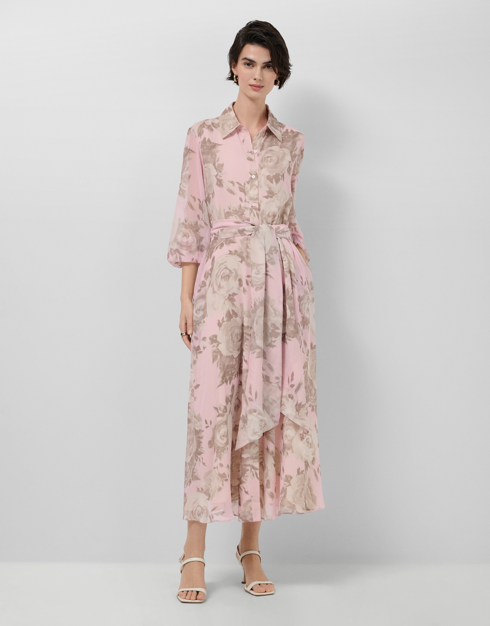 Long pink floral print chiffon shirt dress