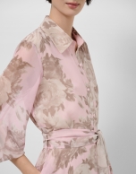 Long pink floral print chiffon shirt dress