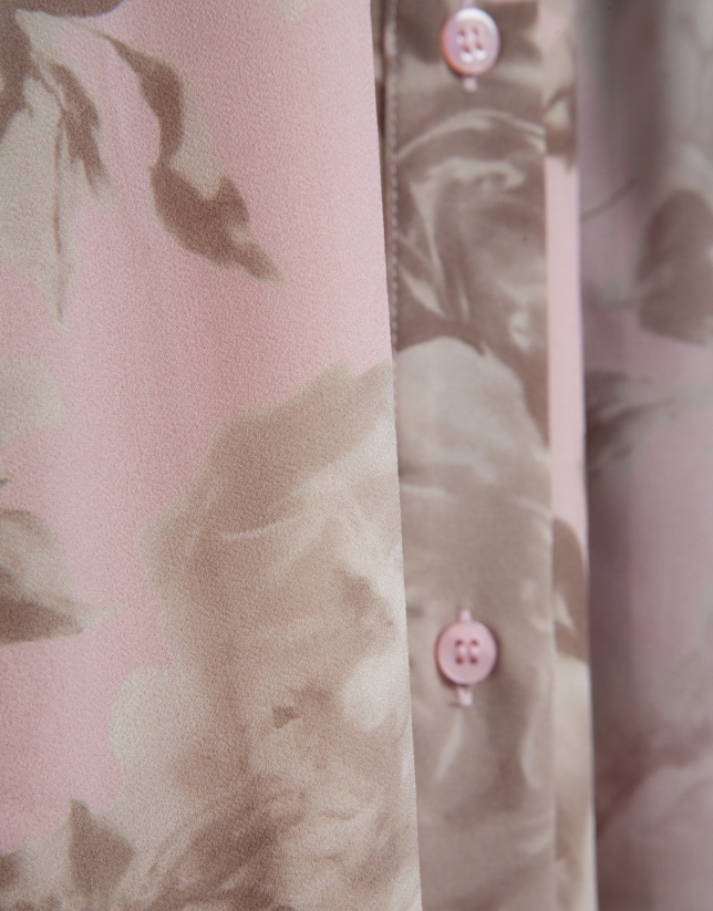 Long pink floral print chiffon shirt dress