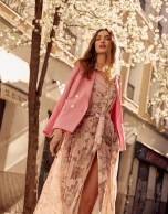 Long pink floral print chiffon shirt dress