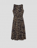 Brown leaf print crepe sleeveless dress