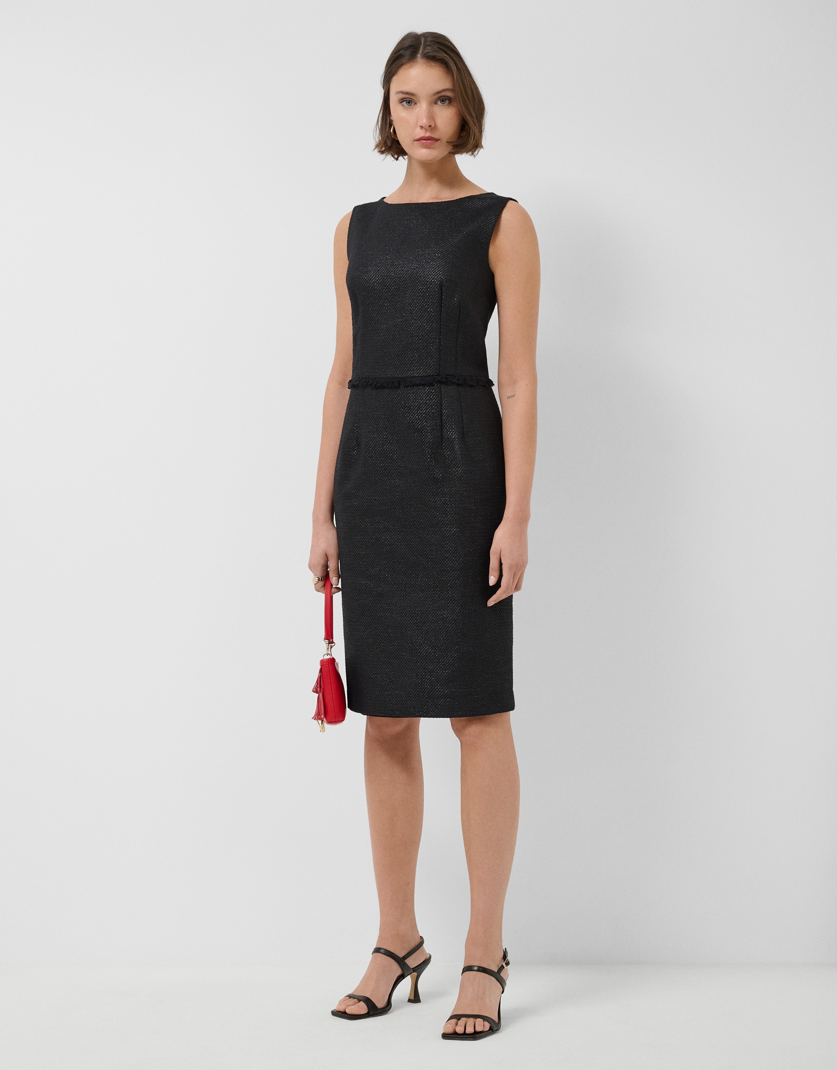 Straight sleeveless dress in black weave fabric