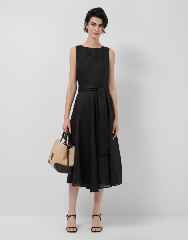 Black ramie dress with tonal floral embroidery