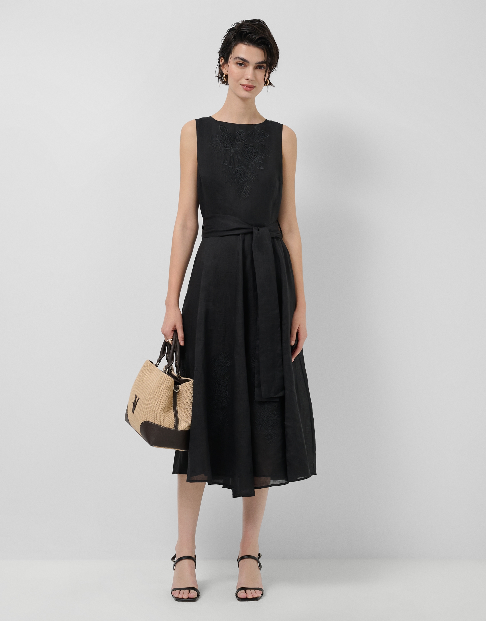 Black ramie dress with tonal floral embroidery