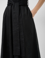 Black ramie dress with matching floral embroidery