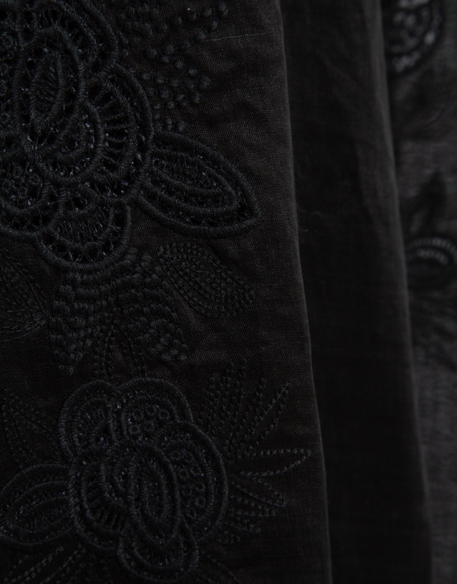 Black ramie dress with matching floral embroidery