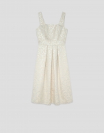 Beige floral jacquard dress with silver metallic thread