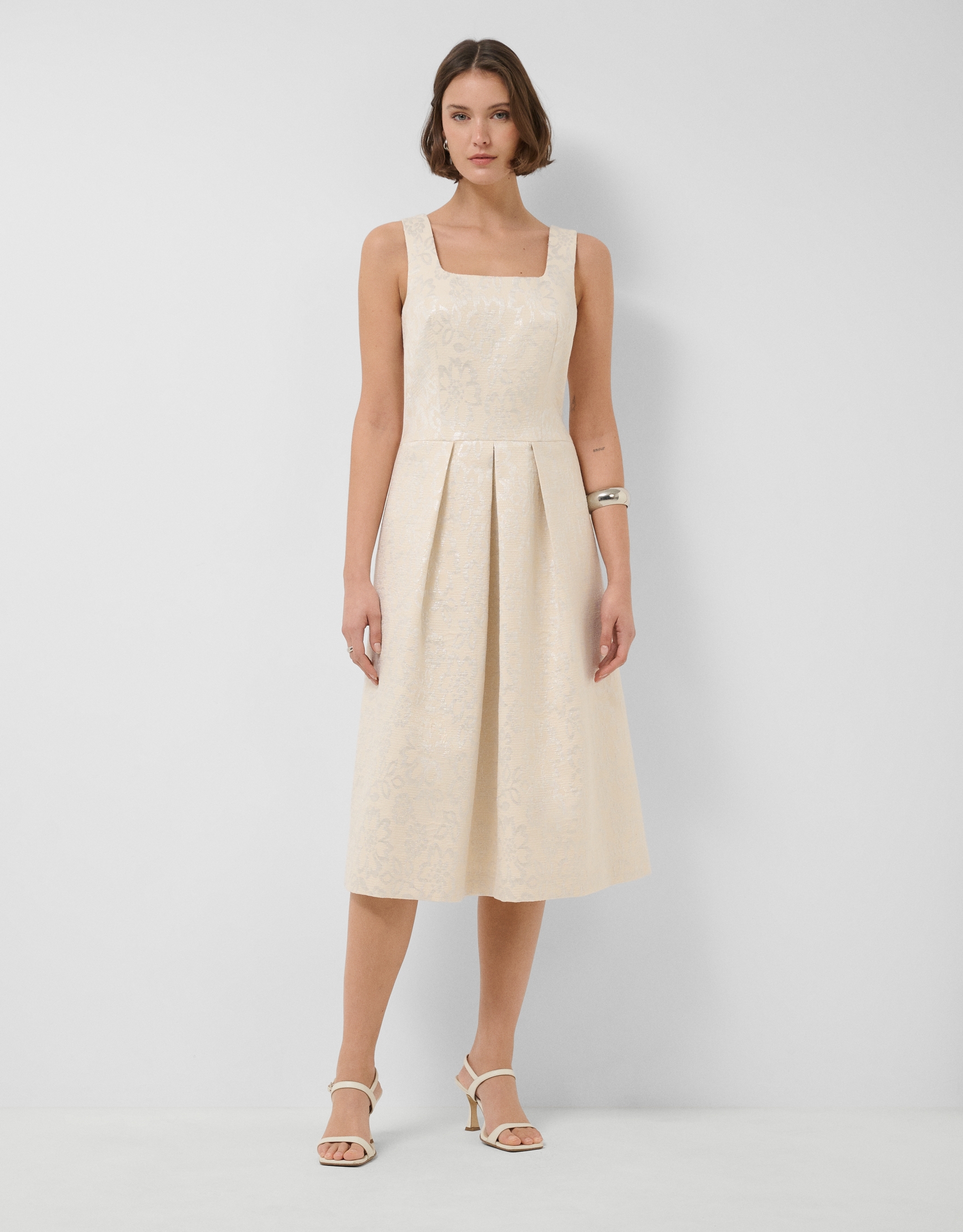 Beige floral jacquard dress with silver metallic thread