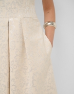 Beige floral jacquard dress with silver metallic thread