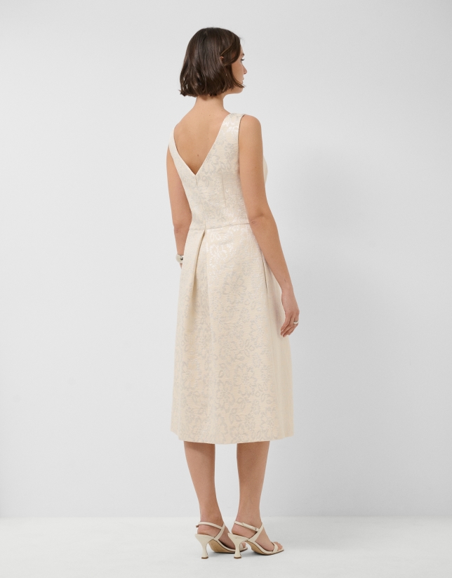 Beige floral jacquard dress with silver metallic thread