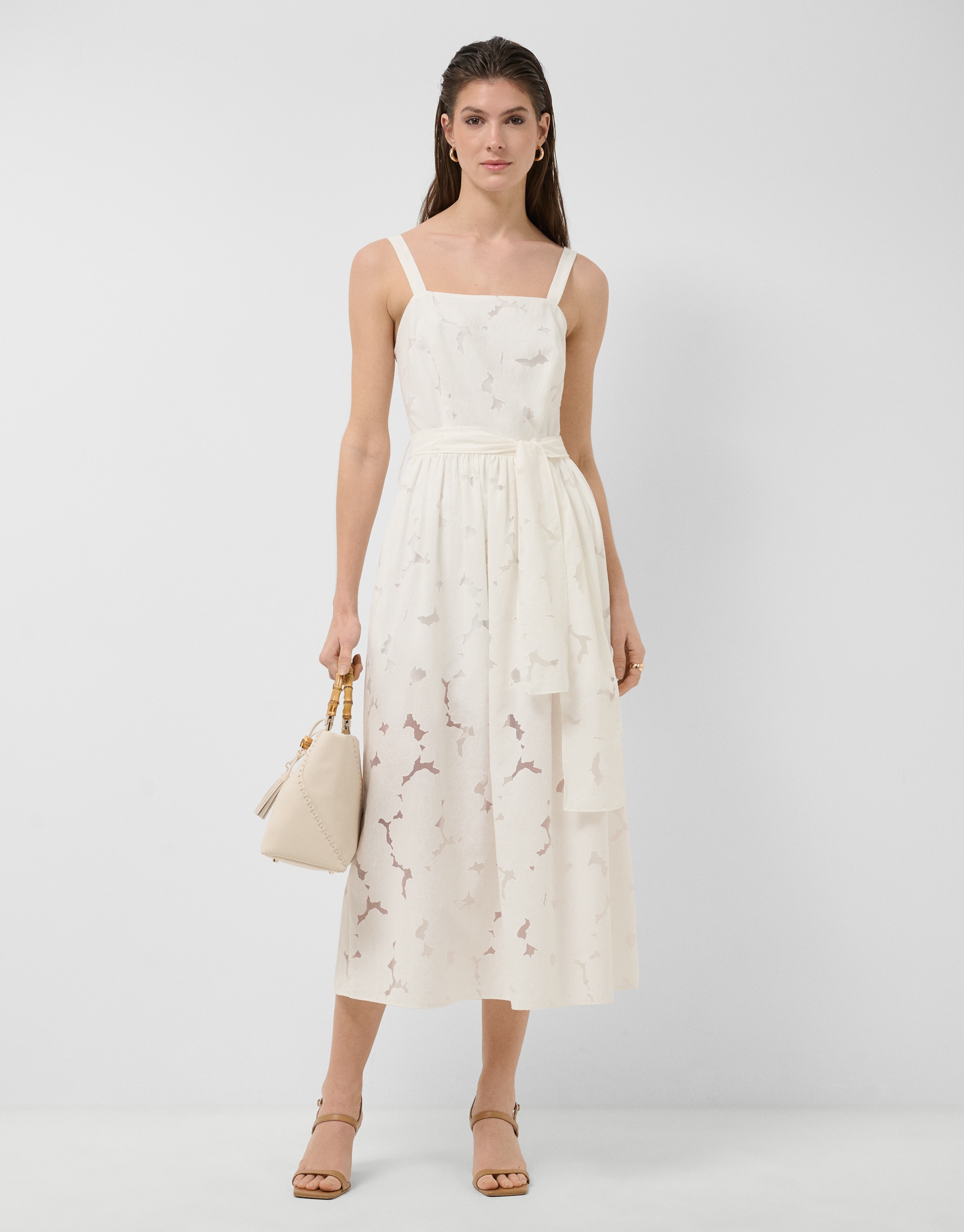 White devor&eacute; strappy dress with floral print