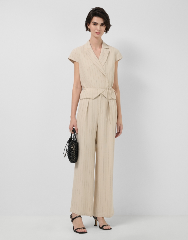 Beige double-breasted waistcoat with black pinstripes