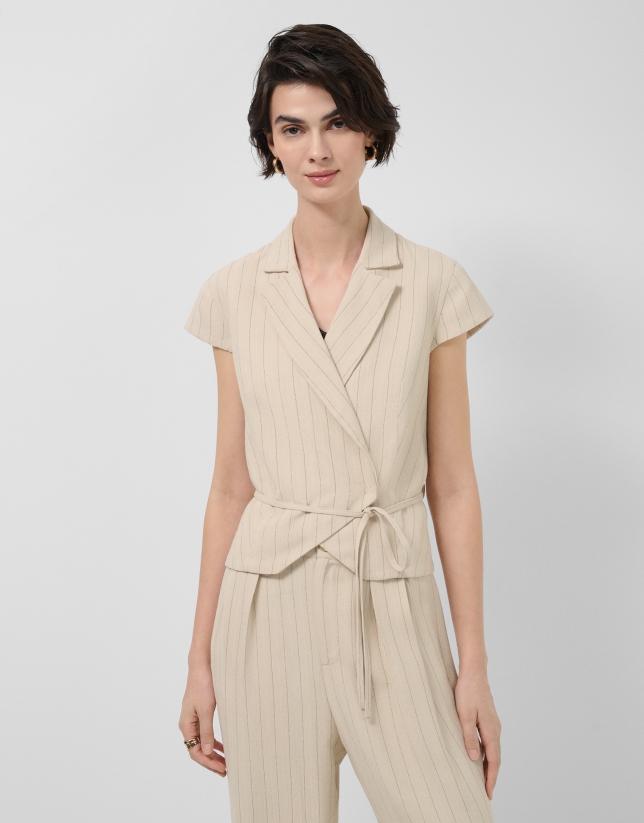 Beige double-breasted waistcoat with black pinstripes