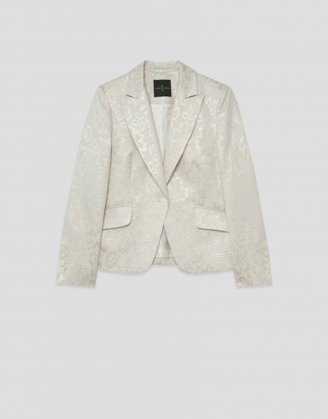 Short beige jacket with silver floral jacquard and metallic thread