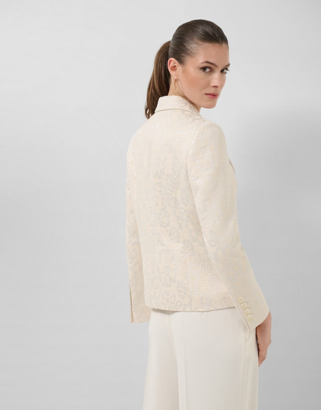 Chaqueta corta beige jacquard floral plata hilo metalizado