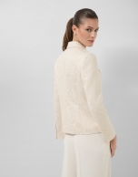 Short beige jacket with silver floral jacquard and metallic thread