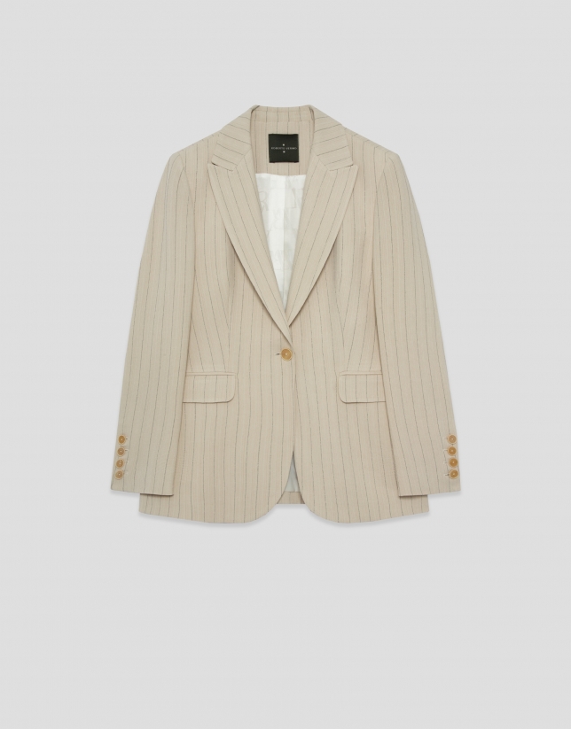 Beige single-button blazer with black pinstripe