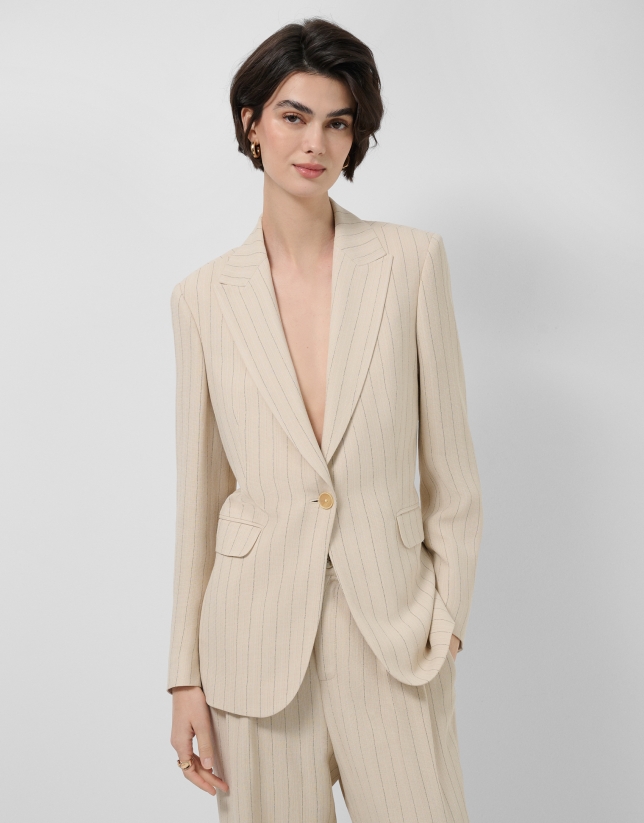 Beige single-button blazer with black pinstripe