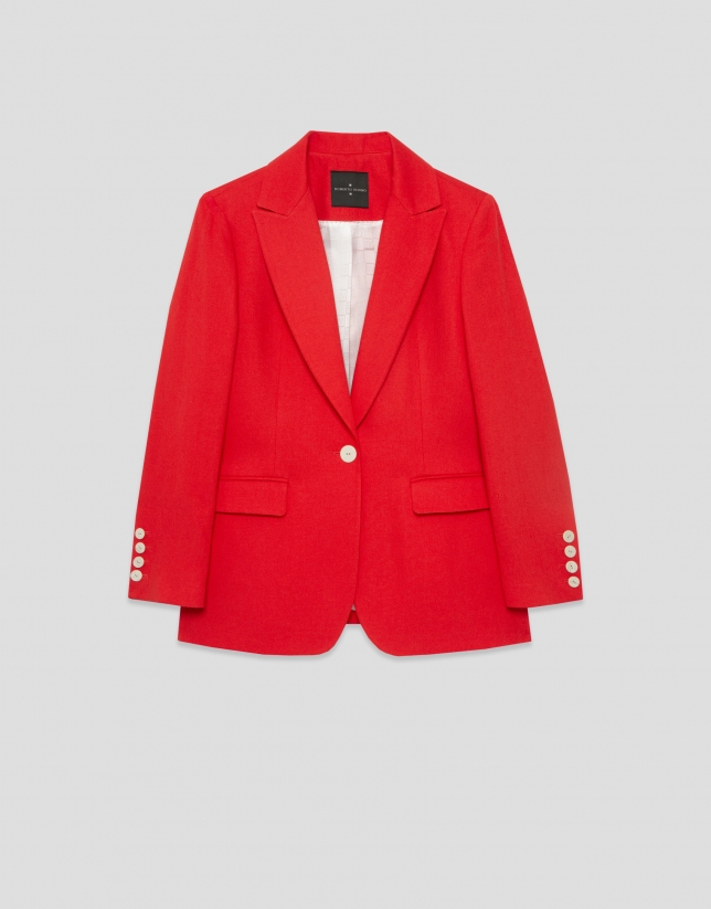 Red linen blend single-button blazer