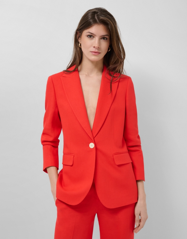 Red linen blend single-button blazer