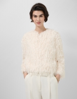 Jacket with detachable collar in white feather pattern fabric